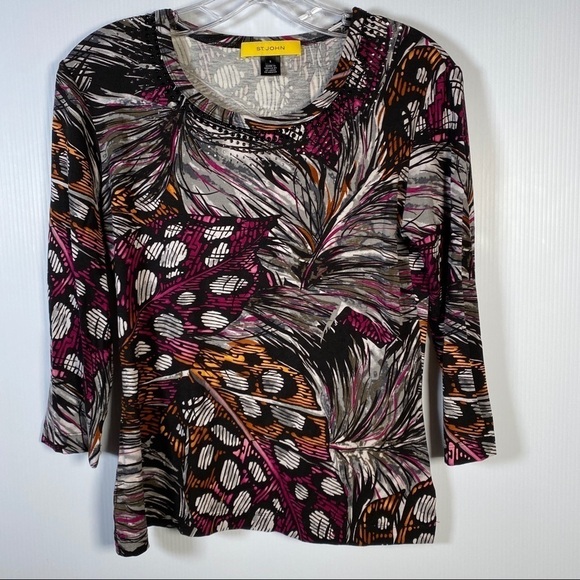 ST JOHN Top with Rhinestones. Abstract in red gray and orange. Size Small - Picture 1 of 8